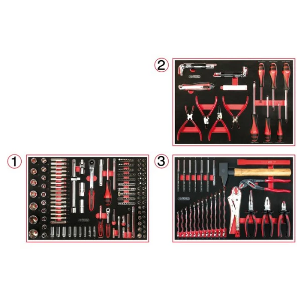 Servante d'atelier One by One 7 tiroirs avec une sélection de 264 outils KS TOOLS 823.7134F . Les outils inclus avec la servante