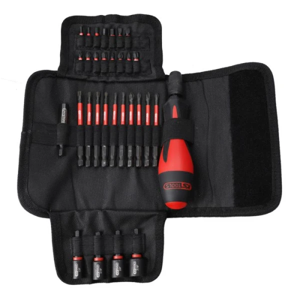 Trousse d’embouts à chocs 1/4″ avec tournevis porte-embouts – 31 pcs KS TOOLS - 515.2303F. Trousse ouverte