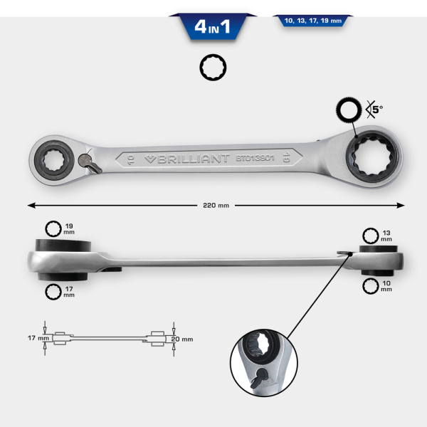 Clé polygonale à cliquet double 4 en 1 10x13mm 17x19mm BRILLIANT TOOLS - BT013901