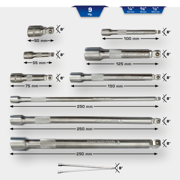Jeu de rallonges articulées, 1/4'', 3/8'', 1/2'', 9pcs BT020009 Brilliant Tools