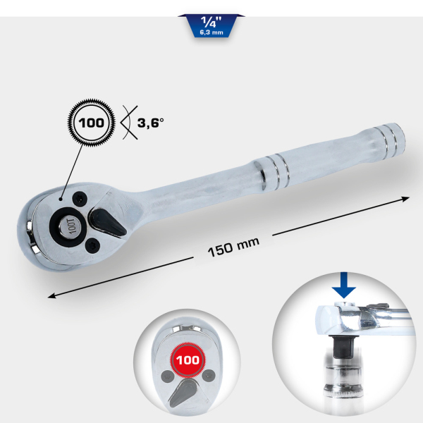 Cliquet réversible 1/4" avec poignée métallique, 100 dents BT020995 Brilliant Tools