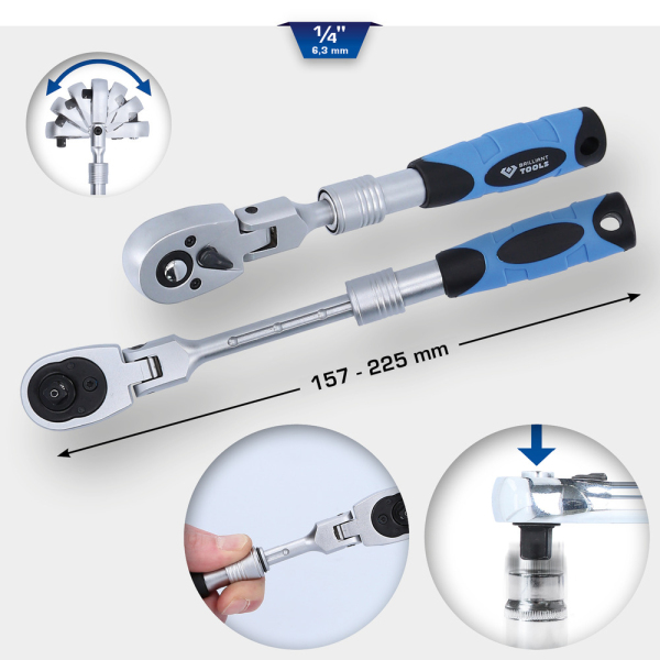 Cliquet réversible télescopique 1/4" avec tête flexible (175- 225 mm) BT020997 Brilliant Tools