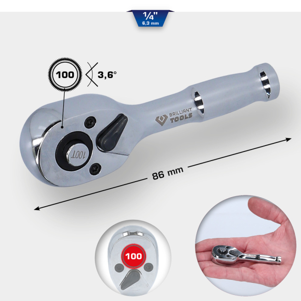 Mini cliquet réversible avec poignée métallique 1/4", 100 dents BT020999 Brilliant Tools
