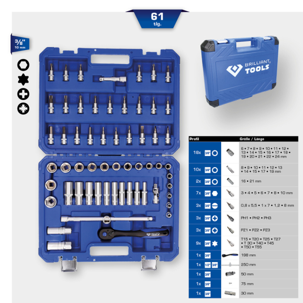 Coffret de douilles et cliquets 3/8'' , 61 pcs BT021061 Brilliant Tools