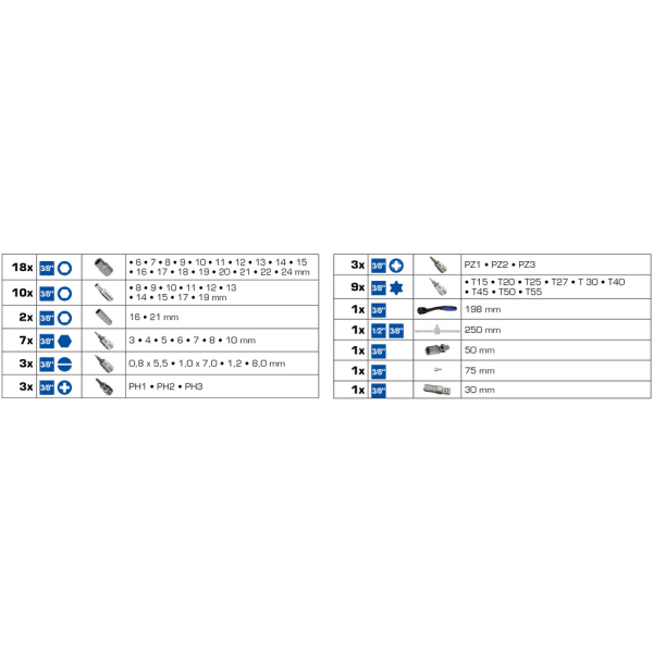 Coffret de douilles et cliquets 3/8'' , 61 pcs BT021061 Brilliant Tools