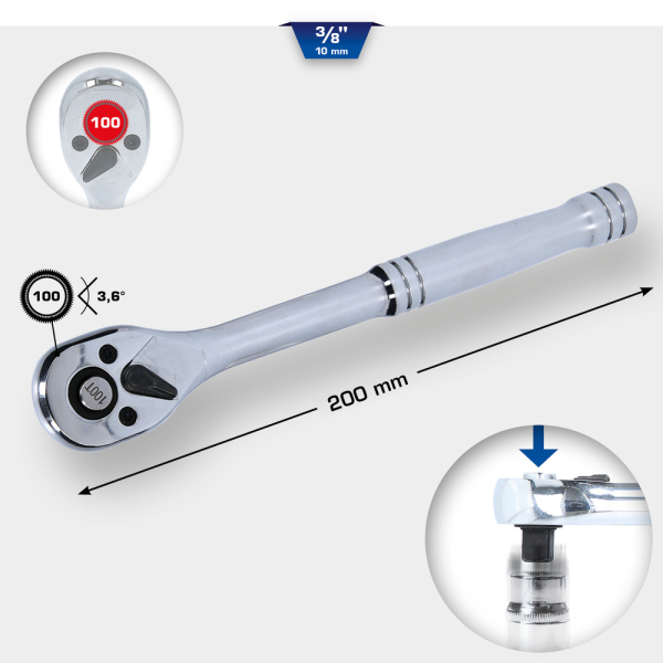 Cliquet réversible 3/8" avec poignée métallique, 100 dents BT021995 Brilliant Tools