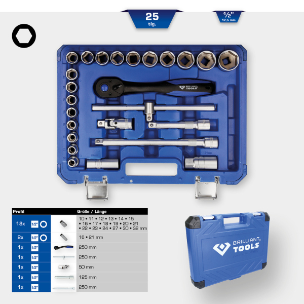 Coffret de douilles et cliquets 1/2'' , 25 pcs BT022025 Brilliant Tools
