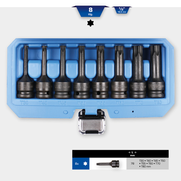 Jeu de douilles tournevis à chocs 1/2'', TORX®, T30 - T80, 8 pcs BT022600 Brilliant Tools