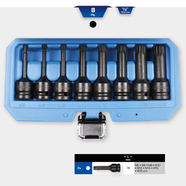 Jeu de 8 douilles tournevis à chocs 1/2" XZN M5-M18 BT022605 Brilliant Tools