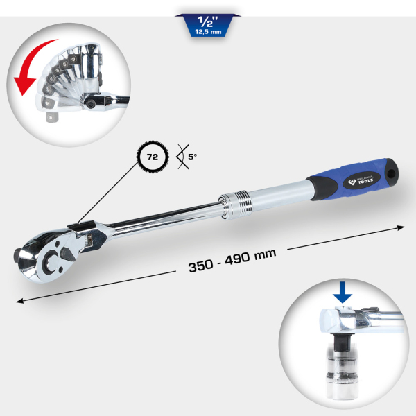 Cliquet réversible télescopique 1/2" à tête articulée BT022993 Brilliant Tools