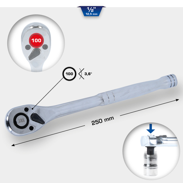 Cliquet réversible 1/2" avec poignée métallique, 100 dents BT022995 Brilliant Tools