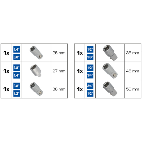 Jeu d’adaptateurs, 6 pcs, 1/4" + 3/8" + 1/2" + 3/4" BT024006 Brilliant Tools