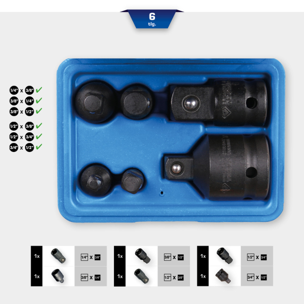 Jeu d’adaptateurs à chocs, 6 pcs, 1/4" + 3/8" + 1/2" + 3/4" BT024605 Brilliant Tools