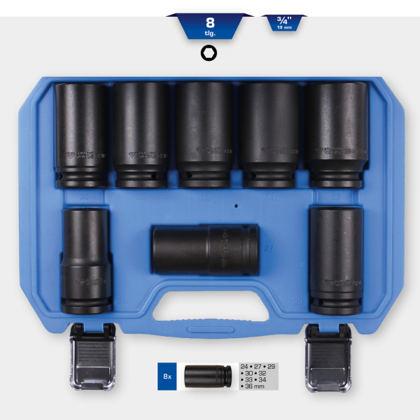 Jeu de douilles longues à chocs 6 pans 3/4", 8 pcs, 24 - 36mm BT025600 Brilliant Tools