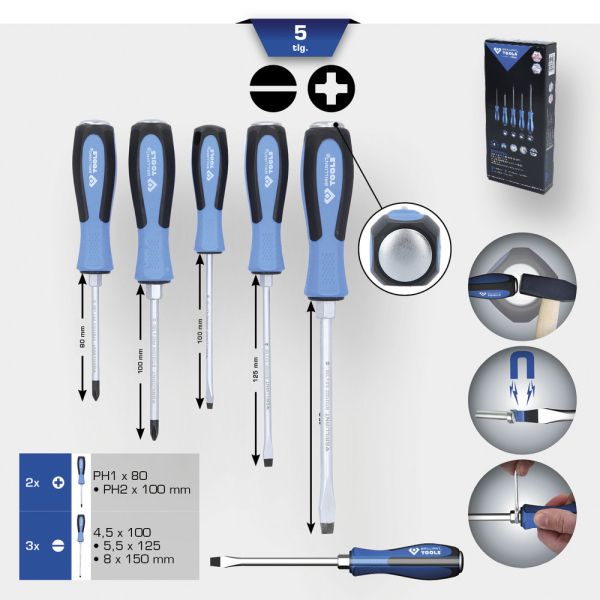 Jeu de tournevis à lame traversante, 5 pcs, Fente, PHILLIPS BT031020 Brilliant Tools