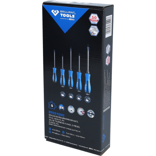 Jeu de tournevis à lame traversante, 5 pcs, Fente, PHILLIPS BT031020 Brilliant Tools