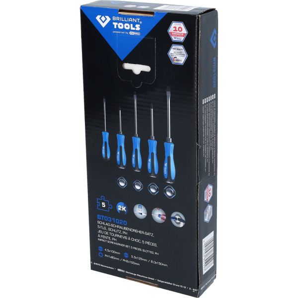 Jeu de tournevis à lame traversante, 5 pcs, Fente, PHILLIPS BT031020 Brilliant Tools