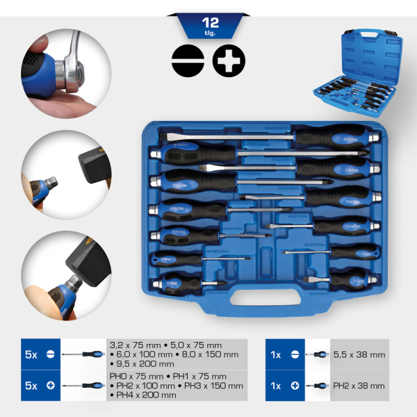 Jeu de tournevis avec embout à frapper Fente, PHILIPPS, 12 pcs BT034012 Brilliant Tools