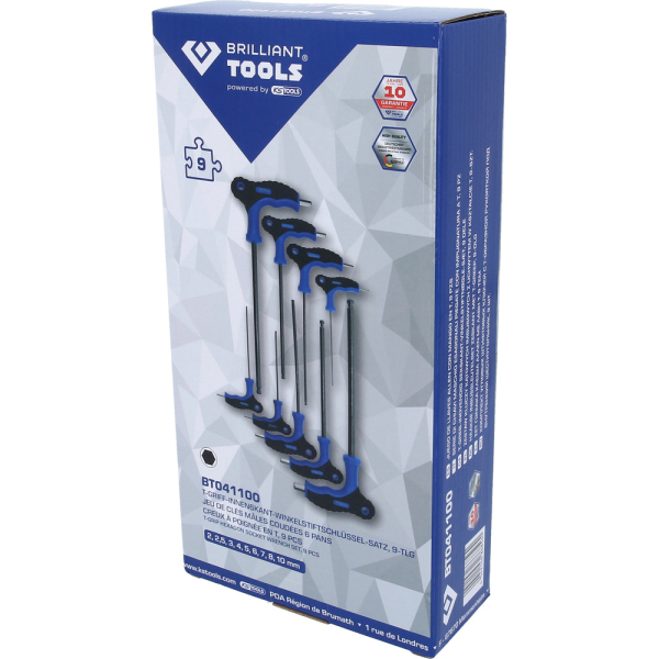 Jeu de clés mâles 6 pans tête sphérique à poignée en T, 9 pcs BT041100 Brilliant Tools