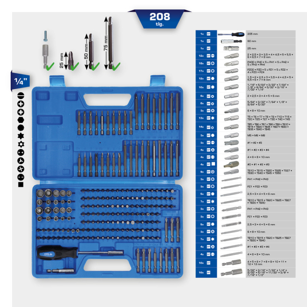 Coffret d’embouts de vissage, 208 pcs BT053208 Brilliant Tools