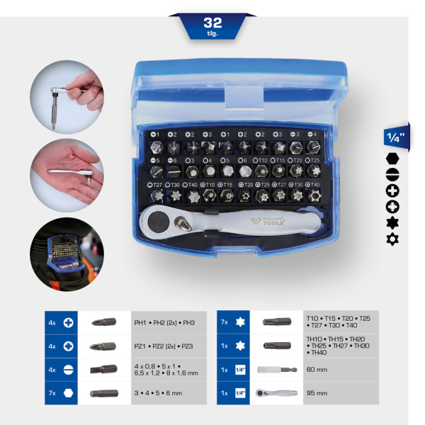Jeu d'embouts de vissage avec cliquet porte-embouts, 32 pcs BT053532 Brilliant Tools