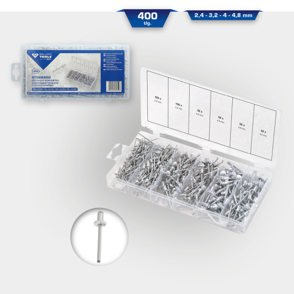 Assortiment de rivets aveugles, 400 pcs, 2,4-3,2-4-4,8mm BT066950 Brilliant Tools