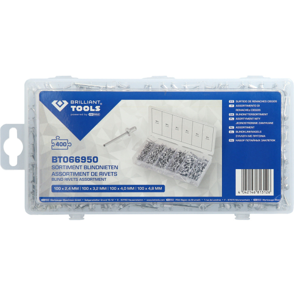 Assortiment de rivets aveugles, 400 pcs, 2,4-3,2-4-4,8mm BT066950 Brilliant Tools