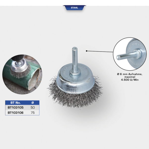 Brosse boisseau Ø 75 mm, queue de serrage 6mm BT103106 Brilliant Tools