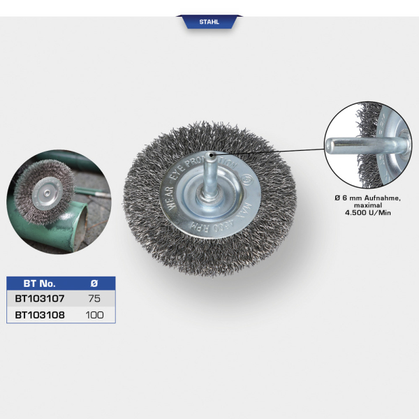 Brosse circulaire Ø 75mm, queue de serrage 6mm BT103107 Brilliant Tools