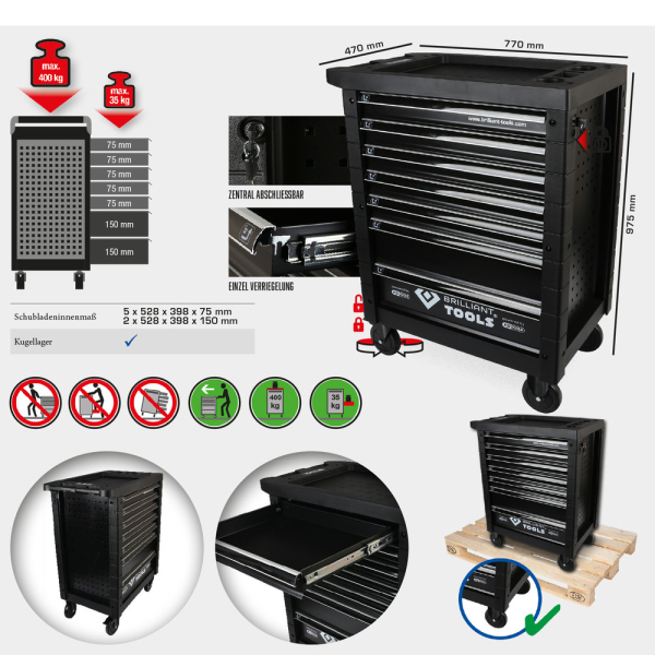 Servante d'atelier 7 tiroirs, noire BT152900 Brilliant Tools