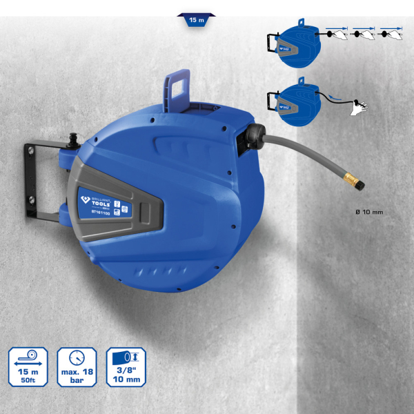 Enrouleur air et eau mural Ø10mm, 15m BT161100 Brilliant Tools