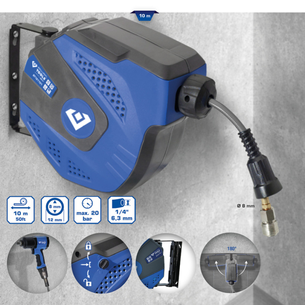Enrouleur d'air mural Ø8mm, raccord 1/4'', 10m BT161101 Brilliant Tools