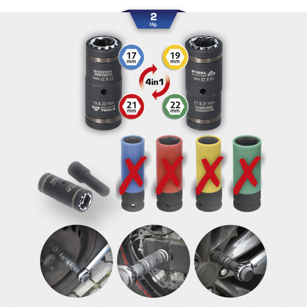 Jeu de douilles à chocs 4 en 1, 17-21mm, 19-22mm, 2 pcs BT691011 Brilliant Tools