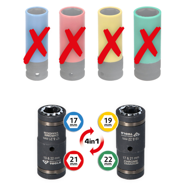 Jeu de douilles à chocs 4 en 1, 17-21mm, 19-22mm, 2 pcs BT691011 Brilliant Tools