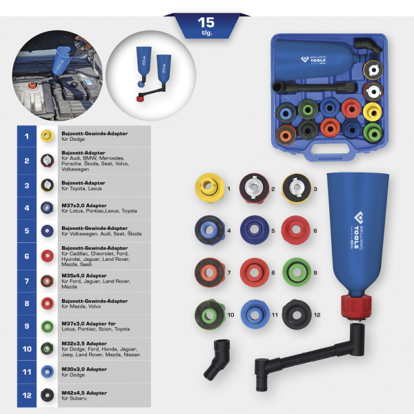 Coffret de remplissage d'huile avec adaptateurs et bras rotatif, universel, 15 pcs BT711110 Brilliant Tools