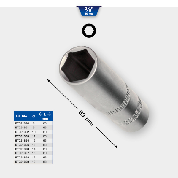Douille 6 pans longue 3/8", 8 - 19 mm Brilliant Tools