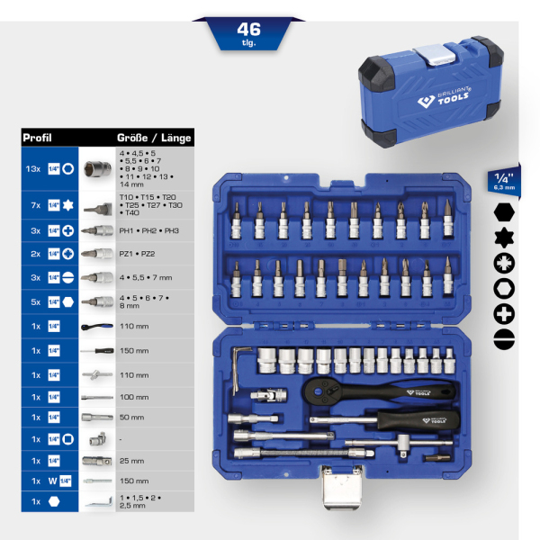 Coffret de douilles et cliquets 1/4'', 46 pcs Brilliant Tools - BT020046 