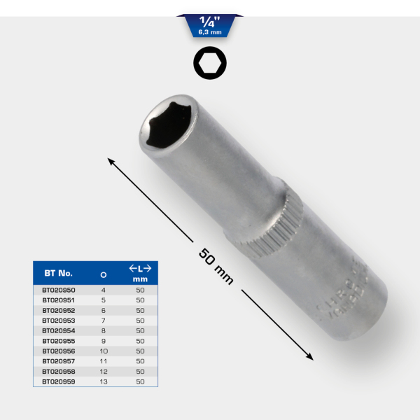 Douille 6 pans longue 1/4" 4 - 13 mm BRILLIANT TOOLS - BT020950-D