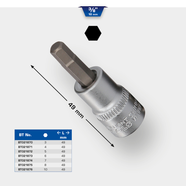 Douille tournevis 6 pans 3/8'' 3 à 10 mm BRILLIANT TOOLS - BT021870