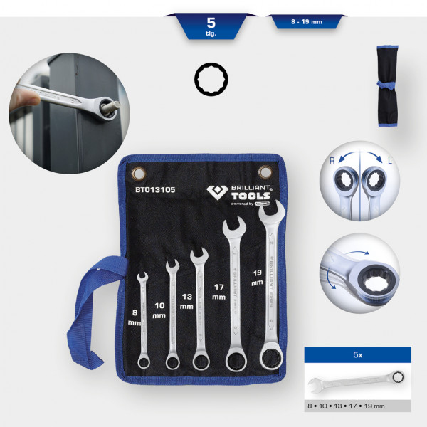 Jeu de clés mixtes à cliquet 6-32 mm 5 à 21 pcs BRILLIANT TOOLS - BT013005-D