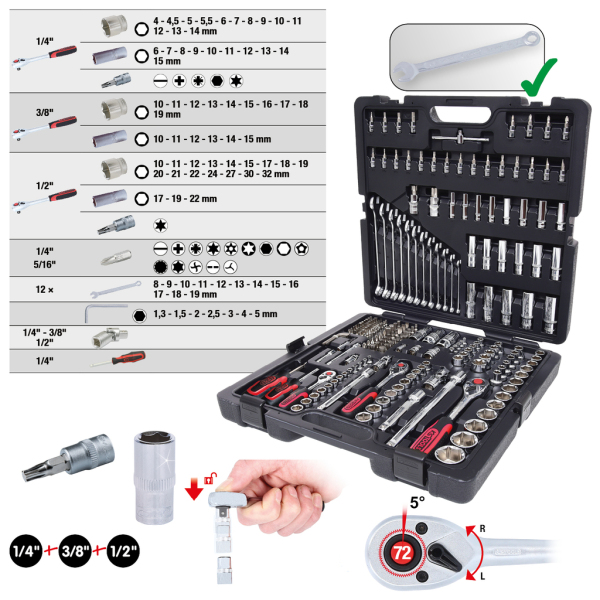 Coffret d'outils et douilles 1/4", 3/8", 1/2" 216 pièces Ks Tools 918.0216