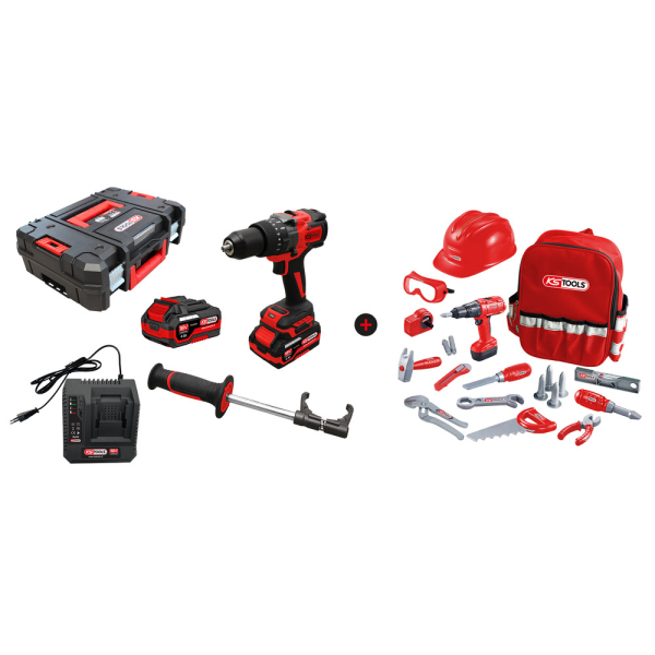 Lot d'une perceuse-visseuse sur batterie et d'un sac à dos avec outils pour enfant KS TOOLS - 515.4730F-A1