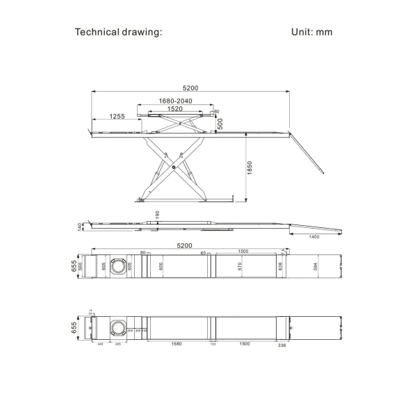 Pont ciseaux extra plat 5T avec levage auxiliaire 4T CLAS - PE 6250T
