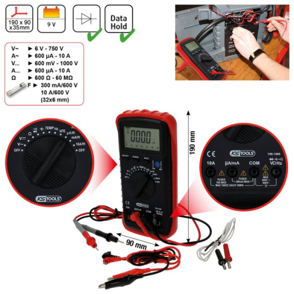 Multimètre numérique avec piges contrôle et pinces croco KS TOOLS - 150.1480