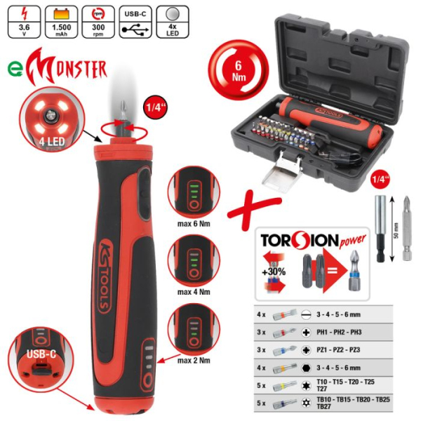 Coffret tournevis sur batterie et embouts eMONSTER 1/4" 27 pièces 6Nm KS TOOLS - 515.6550