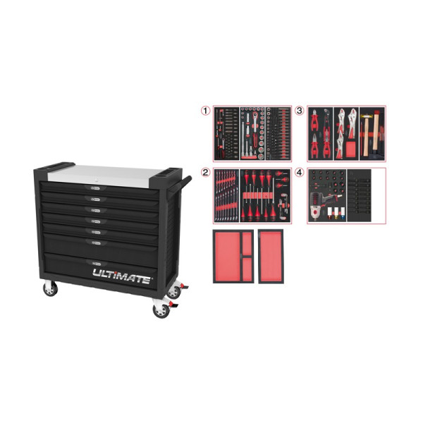 Servante ULTIMATE XL noire, 7 tiroirs équipée de 263 outils Ks Tools