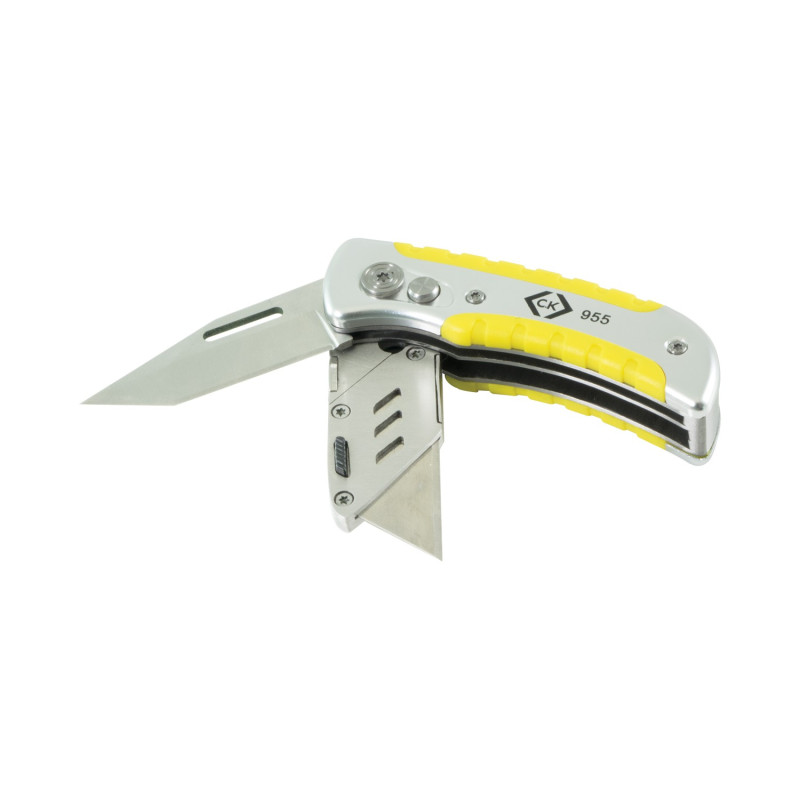 Cutter pliable de sécurité à lame trapèze 65 mm avec clip ceinture et étui  5 lames