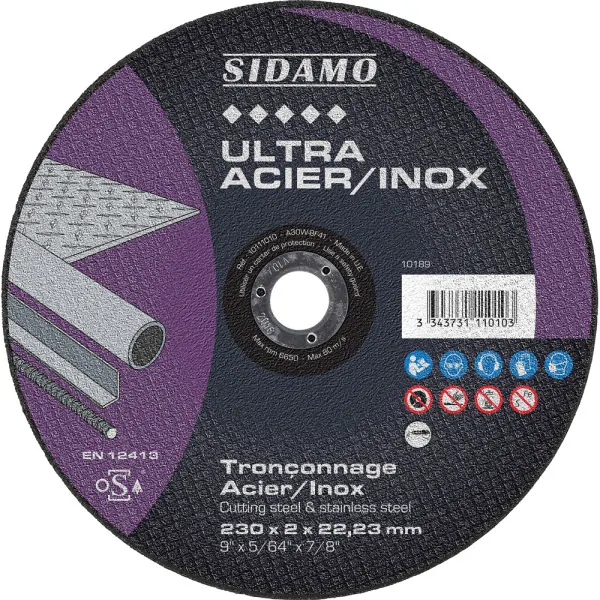 LOT DE 5 DISQUES ULTRA ACIER INOX 230MM ALÉS.22.23MM - SIDAMO