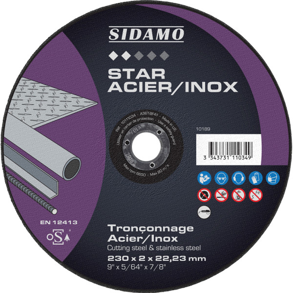 LOT DE 25 DISQUES STAR ACIER INOX 230MM ALES.22.23MM - SIDAMO