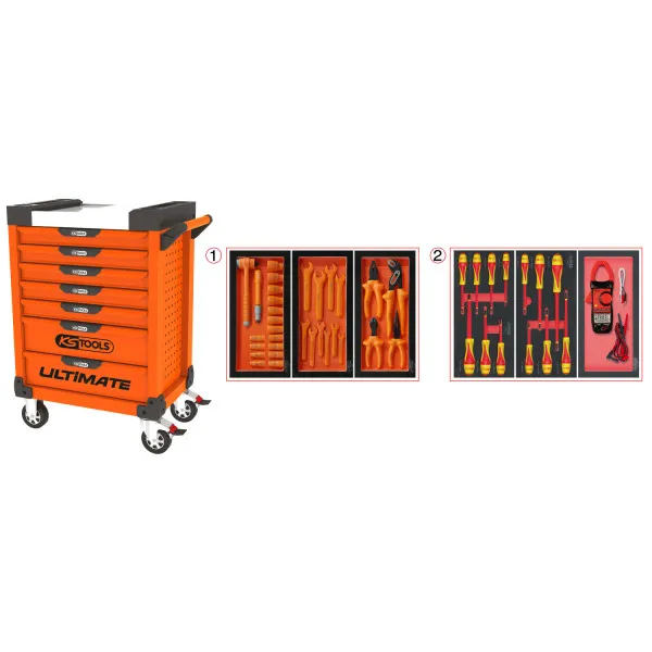 Servante Ultimate 7 tiroirs orange équipée de 45 outils isolés KS Tools - 819.7045 